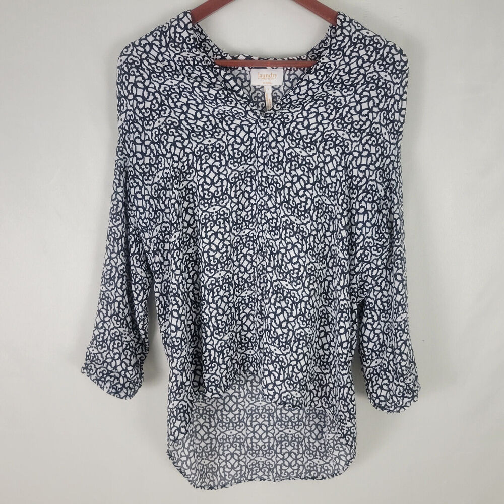 Laundry by Shelli Segal Shirt Womens Small Tunic Top Long Bishop Sleeve V Neck